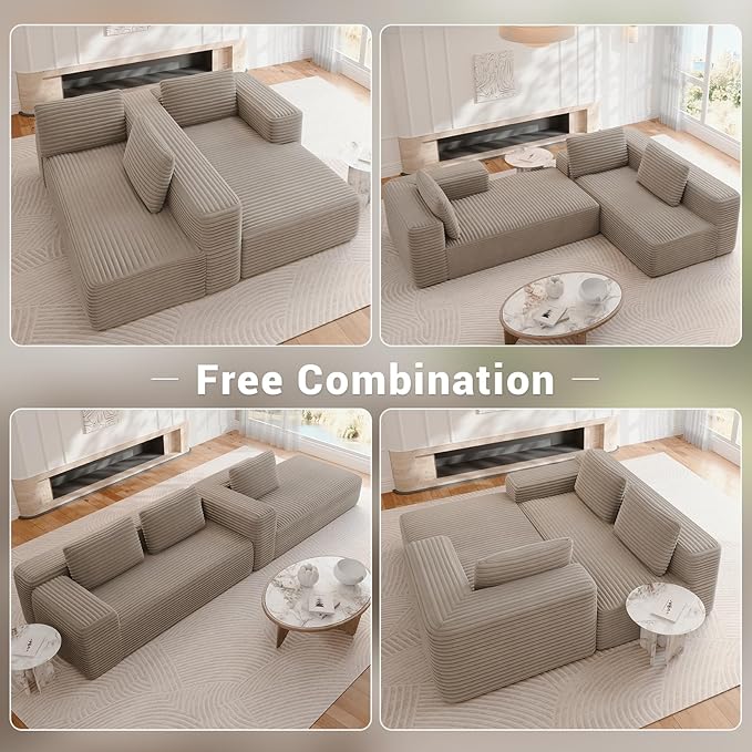 105 Cloud Sectional Couch with L-Shape Chaise Modular Deep Seat Sofa No Assembly Required Upholstered Couches for Living Room Bedroom (Gray Plush Corduroy Right Facing Chaise)