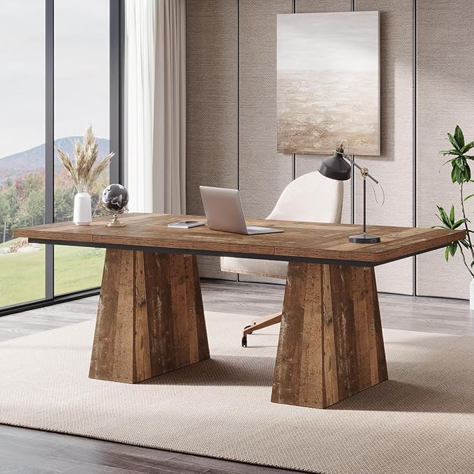 Tribesigns 63-Inch Executive Desk Modern Office Computer Desk with Sturdy Double Pedestal Large Study Writing Table Simple Workstations for Home Office Natural
