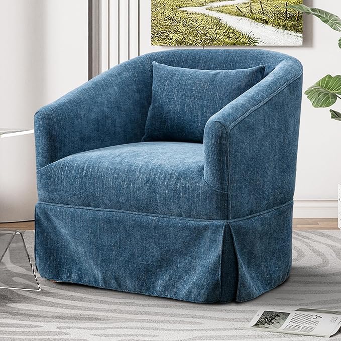 Swivel Accent Chair Comfy Modern Swivel Barrel Chair with Skirt Thick Cushion 360°Upholstered Chenille Small Single Sofa Club Armchair for Living Room Bedroom Nursery Lounge Blue