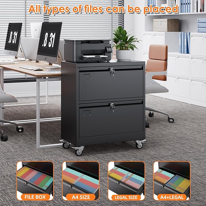 METAN Upgrade 2 Drawers Lateral File Cabinet on WheelsSteel Office Filing Storage Cabinet with 2 LocksAssembly RequiredBlack