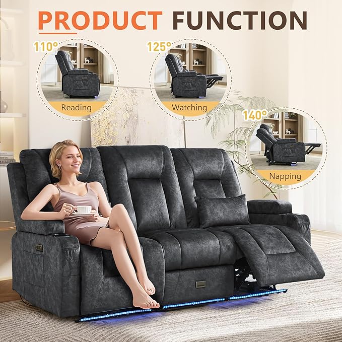 Houjud Wall Hugger Power Recliner Sofa 3-Seater RV Couch Reclining Sofa with LED Lights USB Ports Cup Holders Side Pockets Outlets Drawer for Living Room and Home Theater Velvet Grey