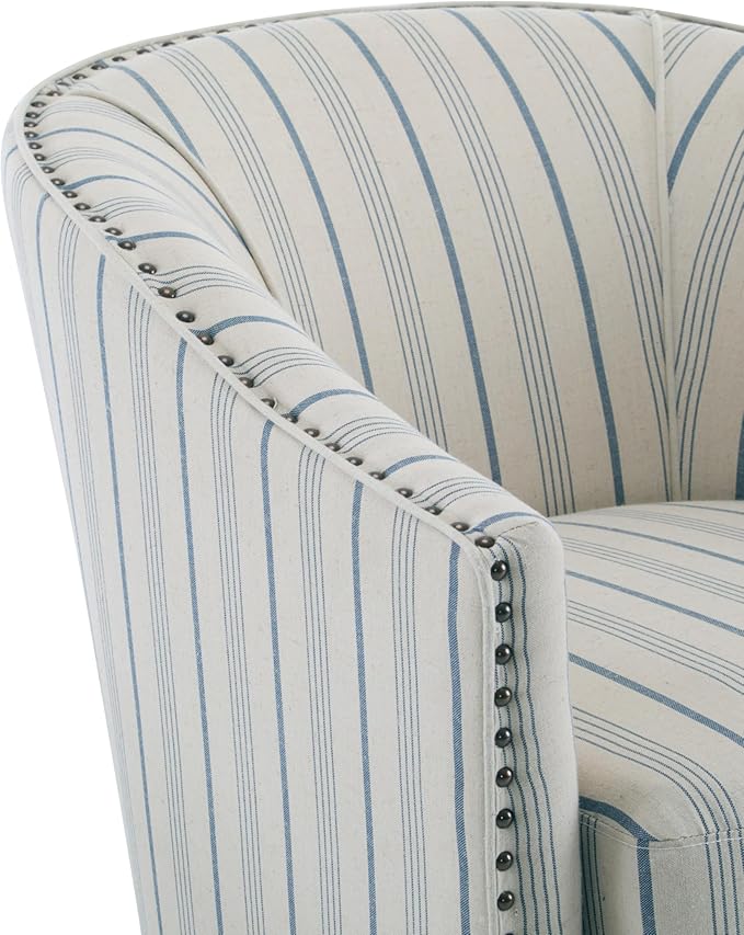 Christopher Knight Home Austin Fabric Upholstery Wood Frame Club Chair Stripes Pattern and Channel Stitching Living Room Barrel Chair Comfy Armchair Tub Design with Removable Cushion Beige + Blue