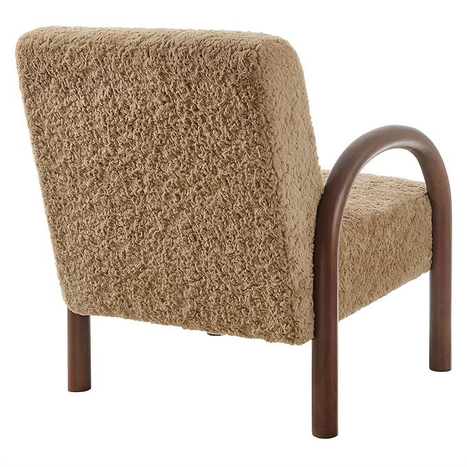 Modway Lunet Faux Shearling Upholstered Accent Chair in Sand – Modern Fuzzy Lounge Armchair with Arched Wood Arms