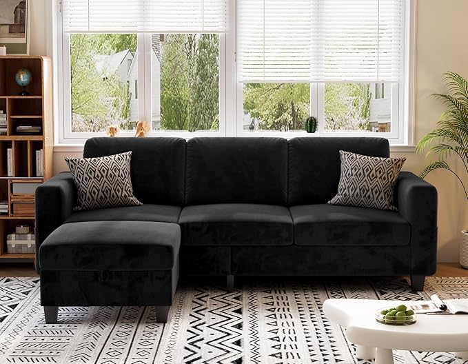 Small Couches for Living Room 78 Convertible L Shaped Couch Black 3 Seater Sofas with Movable Storage Ottoman for Small Space