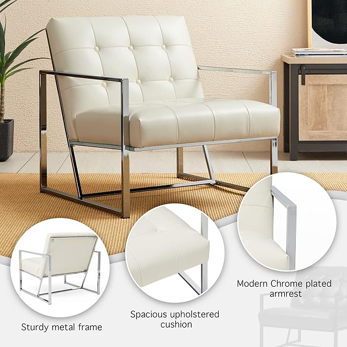 Glitzhome Mid Century Modern Accent Chairs Set of 2 Modern Living Room Chairs with Durable Metal FramePU Leather Cushioned Reading Armchairs for Living Room Bedroom Home Office Off White
