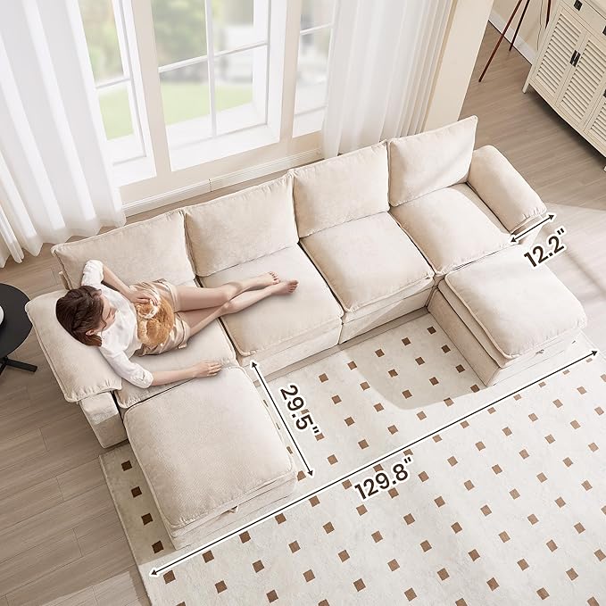 130 U Shaped Modular Sectional Sofa Couch with Ottoman Storage Chenille Cloud Couch with Plush Deep Seating for Living Room Bedroom (Beige 7 Seat)