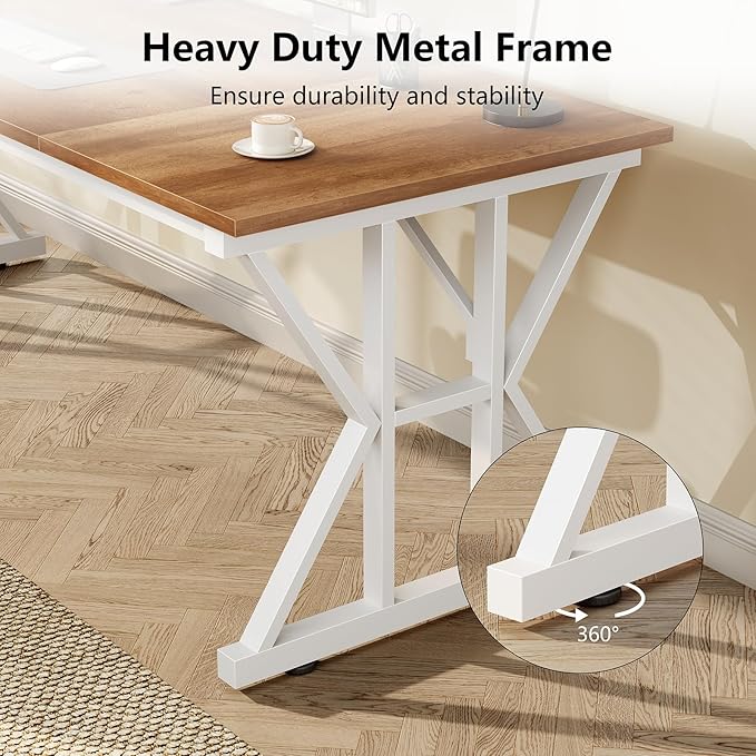 TVU Computer Desk 55 inch Large Office Desk Study Writing Table with Thicken Frame Gaming Desk Modern Simple Desk for Home Office Brown