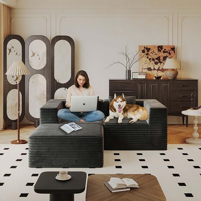 78” Cloud Loveseat Sofa with 2 Cushions Boneless Couches for Living Room Bedroom Small Space Corduroy Sofa in a Box Compressed Memory Foam No Assembly (Grey 78” L-Shaped)