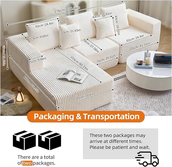 Modern Corduroy Sectional Sofa with Chaise Black Ribbed Fabric L-Shaped Living Room Couch (Beige Left Facing Chaise)