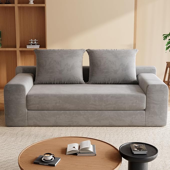 Chogori Loveseat Sleeper Sofa Bed Modern Corduroy Boneless Convertible Couch with Pull-Out Seat Cushion Two Seater Couch for Living Room Bedroom Apartment Home Office No Assembly (Gray)