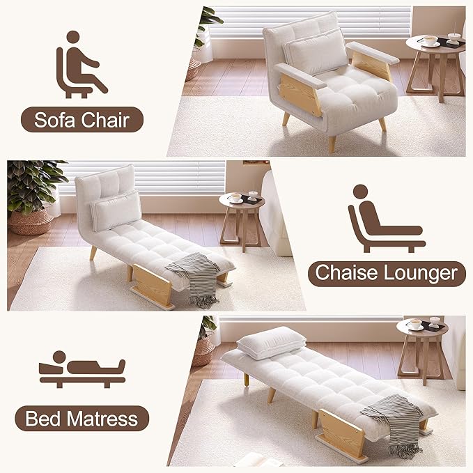 JASIWAY Convertible Sleeper Chair for Small Spaces 3-in-1 Convertable Single Chair Bed for Adults Fold-Out Futon Sofa Sleeper That Turn into Beds Adjustable Backrest(76.8 D X 29 W)