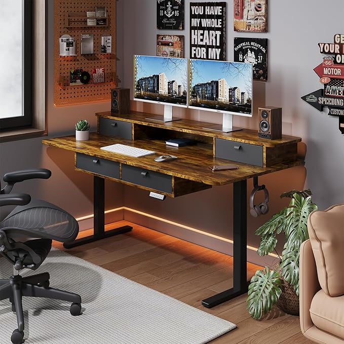 Dual Motor Electric Standing Desk FrameAdjustable height and lengthThe maximum size it can accommodate is 63*28 inches for the tabletop3 Preset HeightsRated for 264 pounds of weight.Black