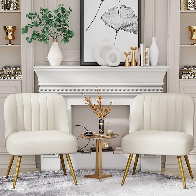 ALISH Faux Leather Accent Chairs Set of 2 Upholstered Living Room Chairs Modern Side Chairs Armless Chairs with Metal Legs (Beige Set of 2)