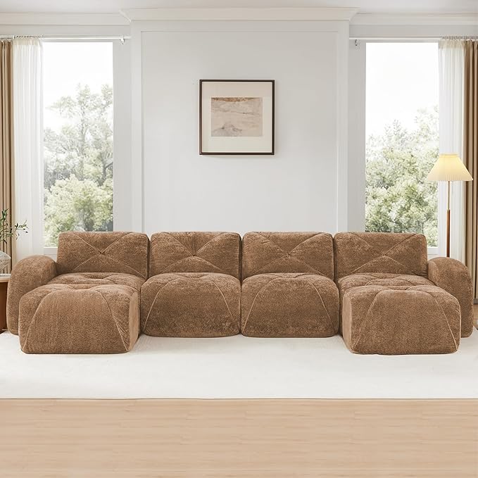 KEIKI 141 U-Shaped Velvet Modular Sectional Sofa with High-Density Foam Cushion &amp 4 Pillow &amp 2 Ottoman Compressed Boneless 4-Seater Tufted Couch No Assembly Required for Living Room Camel