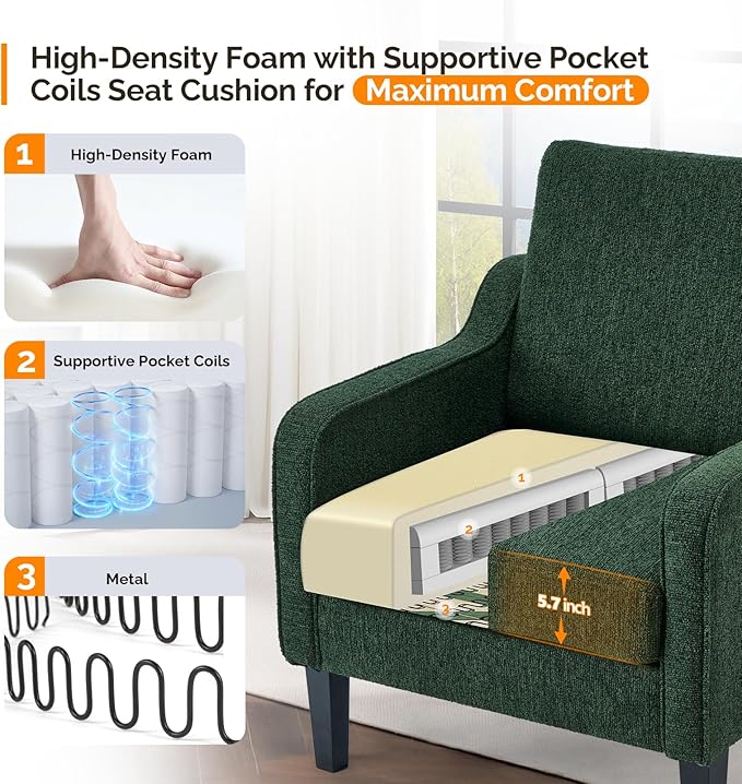 VINGLI Accent Chair for Living Room Chairs Reading Chair for Bedroom Chair Scooped Arm Chair Mid Century Modern Accent Chairs Upholstered Comfy Chair for Apartment Waiting Room (2 Dark Green)