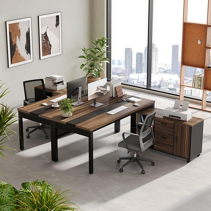 LITTLE TREE 70.8 Executive Desk with Lateral File Cabinet Modern Thickened Wooden Workstation L-Shaped Computer Desk Large Home Office Writing Desk for Home Office