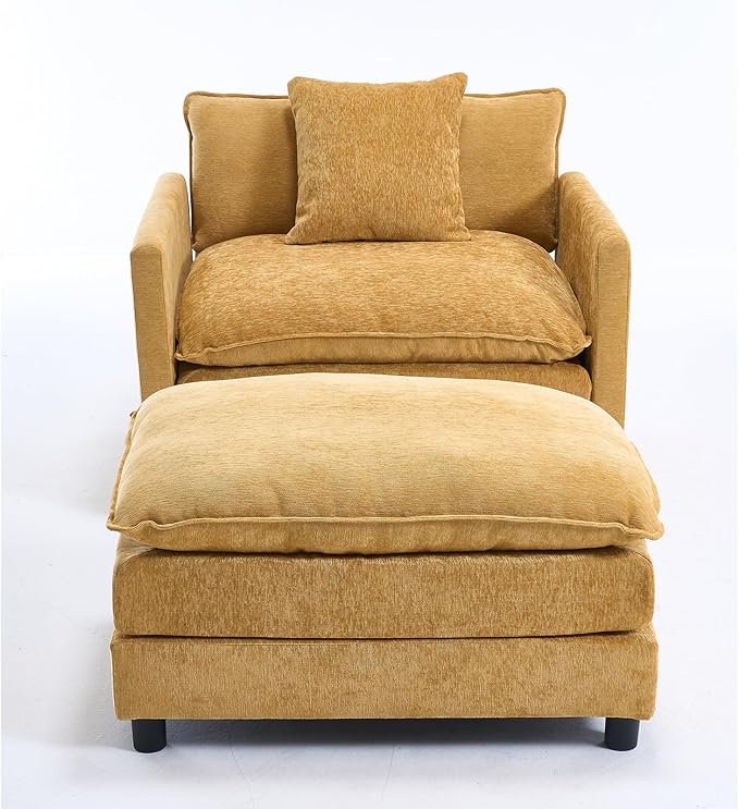 Oversized Chaise Lounge Chair Indoor Modern Comfy Chenille Cloud Accent Chair and A Half with Ottoman Single Deep Seat Sofa Couch Reading Armchair for Living Room Bedroom Apartment Mustard Yellow