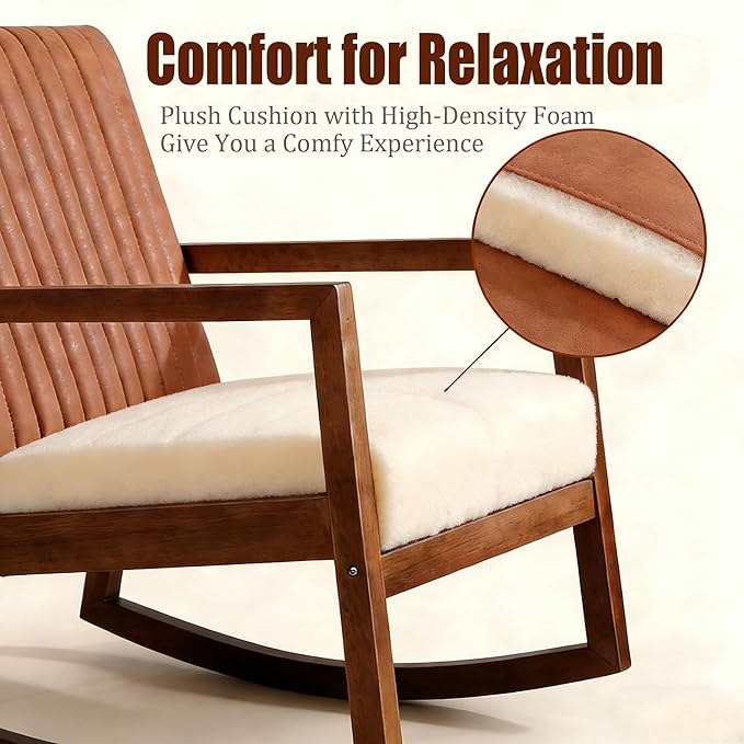 VESCASA Upholstered Faux Leather Rocking Chairs with Channel-Tufted Back Mid-Century Modern Comfy Rockers with Black Walnut Wood Frame for Nursery Living Bedroom Indoor Set of 2 Burnt Orange