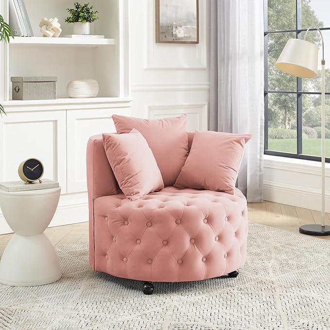 Velvet Upholstered Swivel Chair for Living Room with Button Tufted Design and Movable Wheels Including 3 Pillows Pink