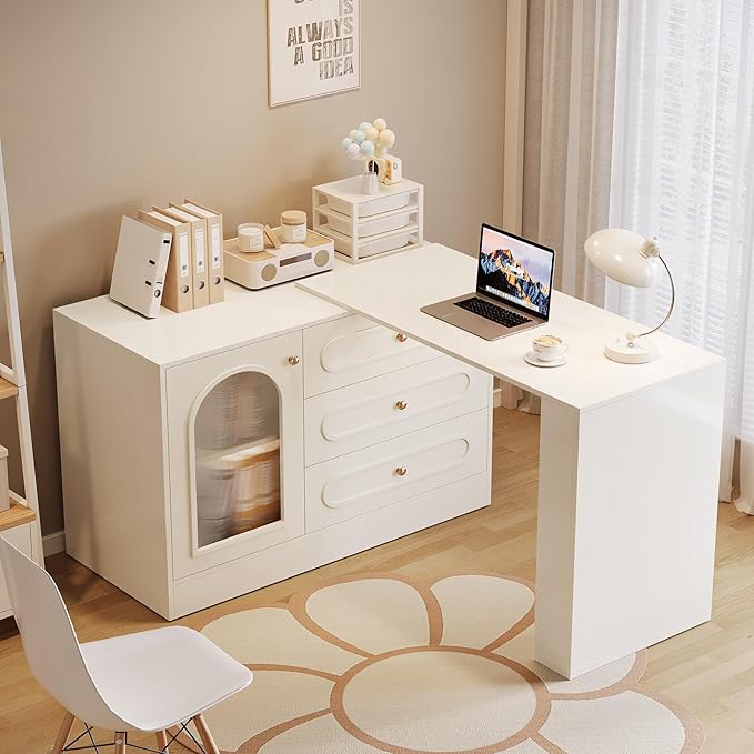 Tribesigns 78 L Shaped Desk with Storage Modern Corner Desk with 3 Drawers for Small Space Reversible L Shape Desk with Cabinet &amp Adjustable Shelves for Home Office Bedroom (White)