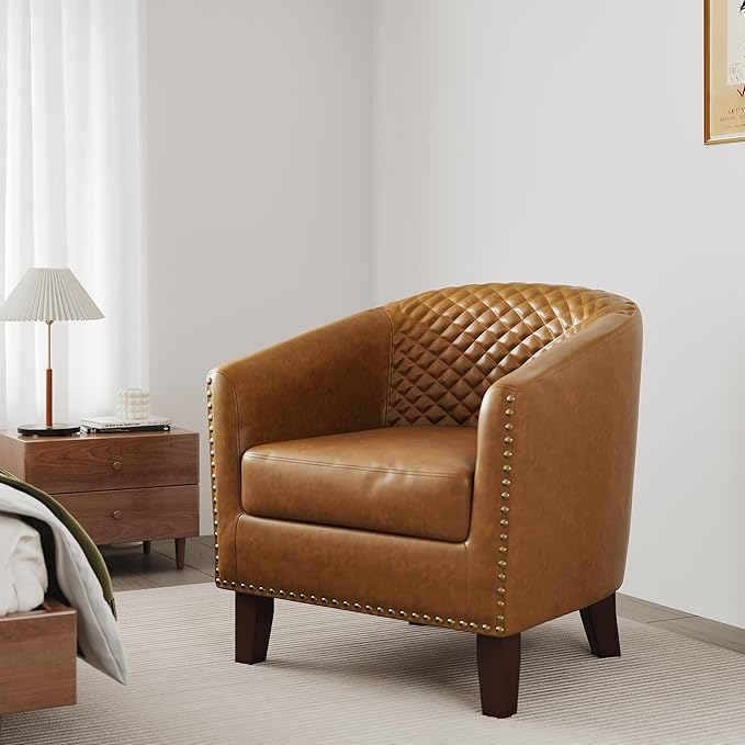 Accent Barrel Chair Upholstered Faux Leather Club Chair with Nailed Trim Comfy Reading Armchair for Living Room Bedroom Reception Room Office (Coffee Set of 4)