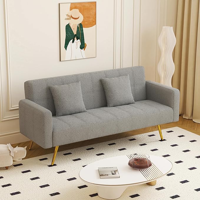 73 Convertible Futon Sofa BedComfy Teddy Fabric Sleeper Couch with 3 Reclining BackrestsGolden Chrome LegsModern Cloud Sofa Loveseat for Small Living Room Office (Grey)