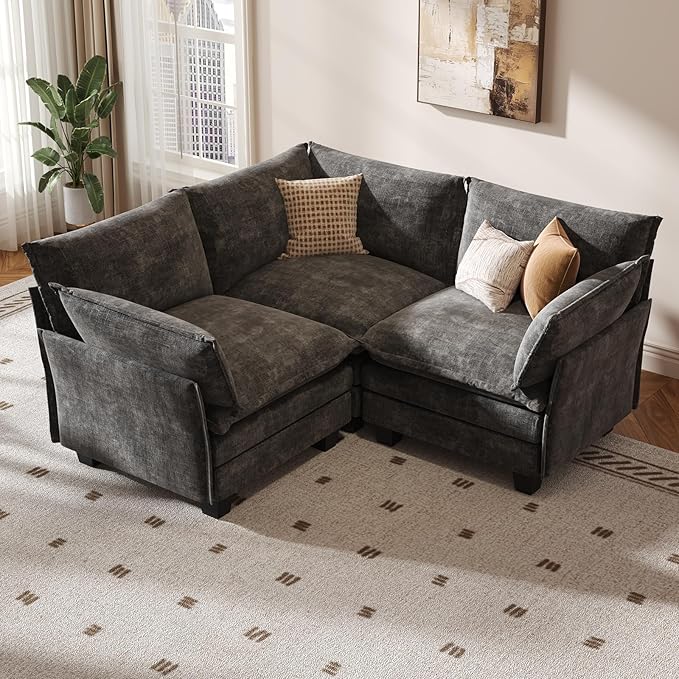 KKL Modular Sectional Sofa V-Shaped 3 Seater Cloud Couch with Ottoman Chenille Modern Sectional Couches for Living Room Apartment Grey