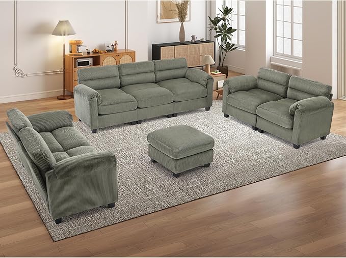 Corduroy Sofa Set Upholstered Ottoman Loveseat Set of 2 and 3-Seater Couch with Plush Cushions and Rolled Arms Modern Living Room Furniture SetsGreen