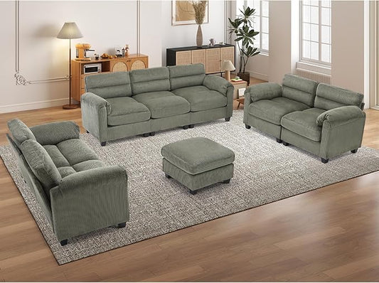 Corduroy Sofa Set Upholstered Ottoman Loveseat Set of 2 and 3-Seater Couch with Plush Cushions and Rolled Arms Modern Living Room Furniture SetsGreen