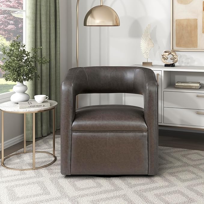 Lexicon 360 Degree Swivel Accent Chair Upholstered Modern Faux Leather Swivel Barrel Chair Attached Cushion Comfy Round Open Back for Living Room/Bedroom/Office/Apartment Assembled Dark Coffee
