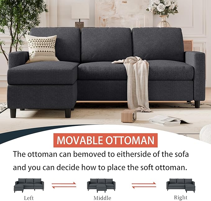 SUNLEI 73.6 Modular Sectional Sofa Comfy Cloud Couch with Movable Ottoman Deep Seat L Shaped Modular Sofa Sectional Couches for Living Room and Apartment Black