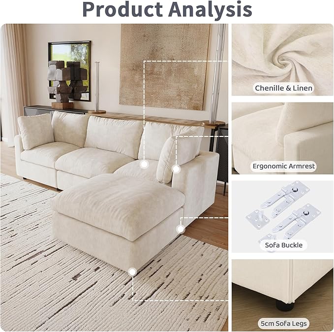 Cloud Couch Modular Sectional Sofa134 L Shaped Couch Oversized Convertible Wide Seater4 Seater with Ottoman for Living Room Set Covers Washable&ampReplaceableBeige