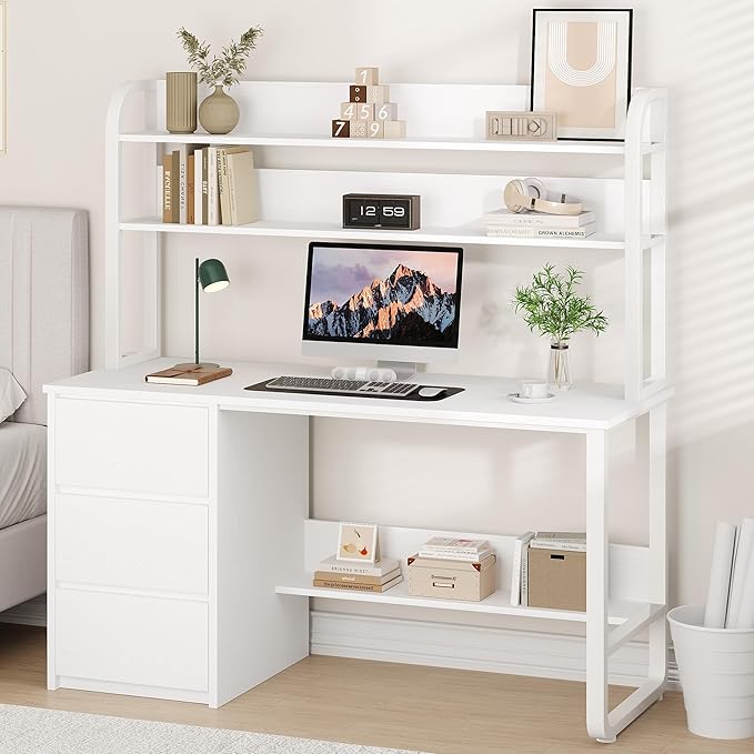White Desk with Hutch 55 Inch Computer Desk with 3 Drawers for Bedroom Study Writing Desk with Shelves for Small Spaces Adjustable Feet
