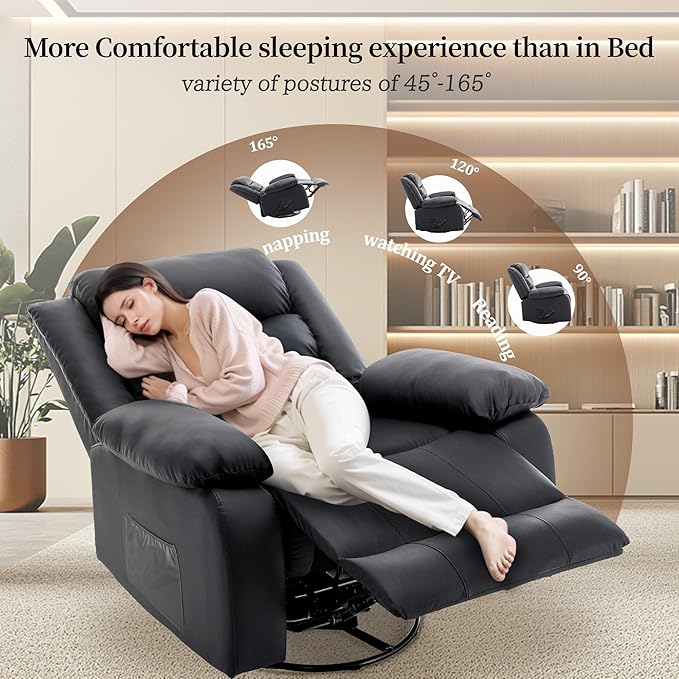 Recliner Chair Wide Rocker Chair Pet-Friendly Design Large Rocking Chair with Massage and Heat360°Swivel Nursery Rocking Chair Oversized Recliner for Adults Black Reclining Sofa for Living Room