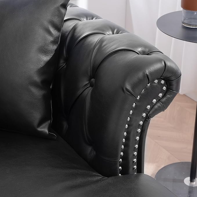 62.99 Chaise Lounge Indoor Comfy Reading Chair with 2 Pillows PU Leather Chesterfield Loveseat Sofa with Tufted Back &amp Rolled Arm Oversized Chaise Lounge Couch Indoor for Living Room Black