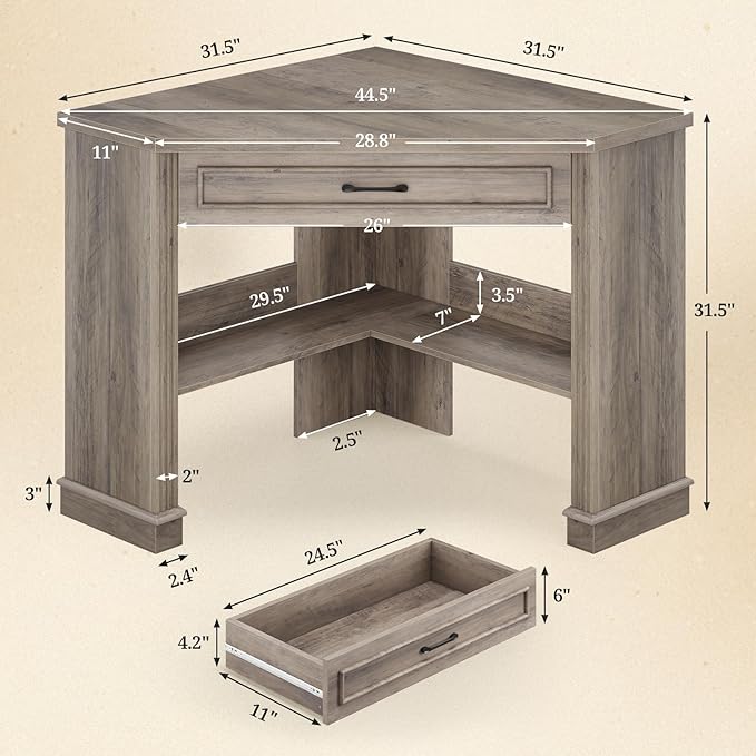 SEDETA 31.5 Small Corner Desk Corner Desk for Small Space Farmhouse Computer Desk with Drawers Triangle Computer Desk with Storage Shelves for Home Office Living Room Bedroom Gray
