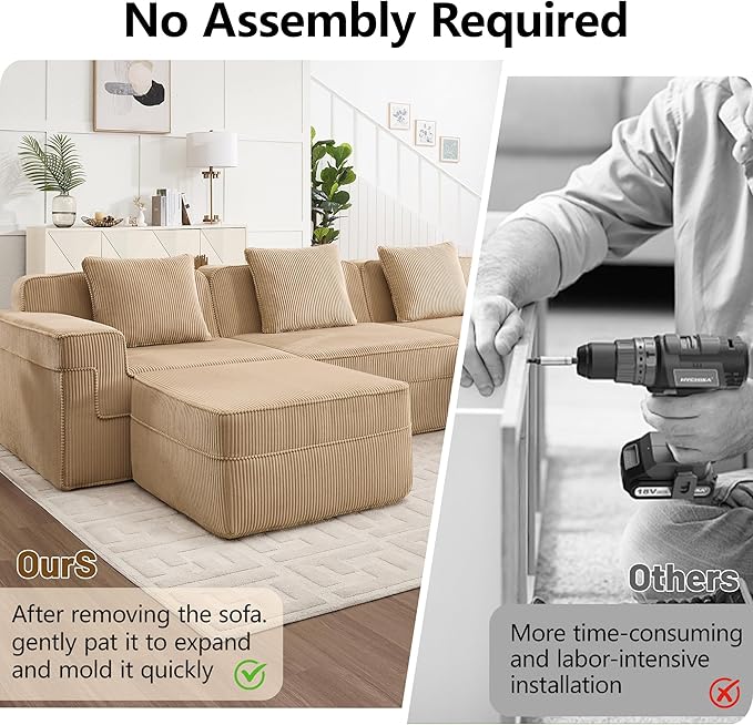 4 Seater L Shape Sectional Boneless Sofa117.3 Cloud Sectional Couch with Deep Seat No Assembly Required Throw Pillows and 1 Movable Ottoman Corduroy Fabric Camel