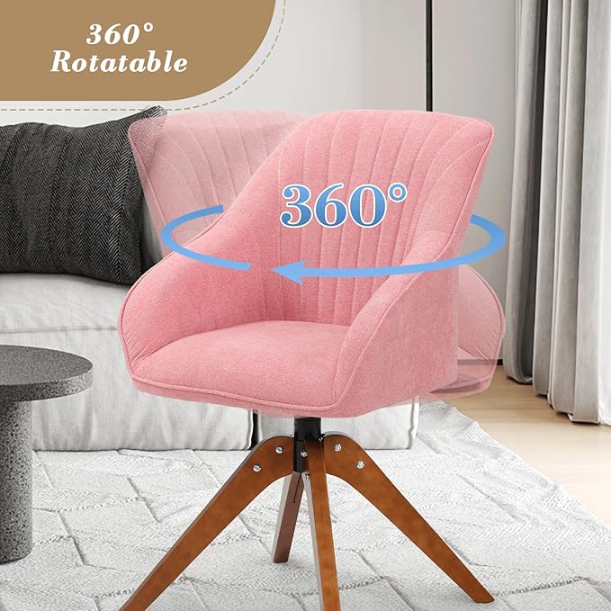 Athena Collection Swivel Modern Accent Chair Linen Upholstered Armchair Office Desk Chair No Wheels with Wooden Legs Comfy Vanity Chair Reading Chair for Bedroom Living Room Office Pink