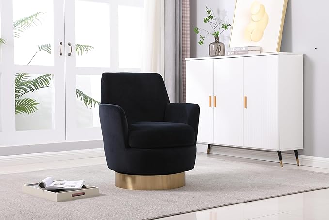 Velvet Swivel Accent Chair Set of 2 Upholstered Barrel Chair with Golden Base Comfy Round Boucle Chair 360° Swivel Armchair for Living Room Bedroom Lounge Office Nursery Sillas Para SalaBlack