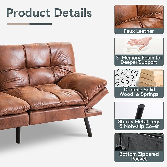 Opoiar Convertible Futon Sofa Bed Brown Faux Leather Futon Couch with Adjustable Backrest &amp Armrests Folding Small Recliner Sleeper Sofa Bed for Living Room Apartment Office