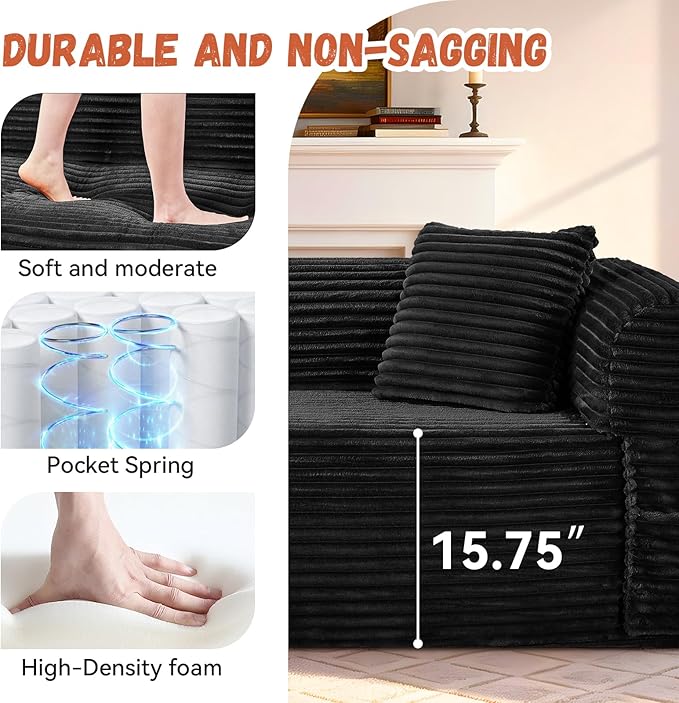 83 inch Cloud Boneless Couch for Living Room 3-Seater Sofa with Fixed-Shape Frame Single Sleeper Corduroy Sofa in A Box No Assembly Required Black