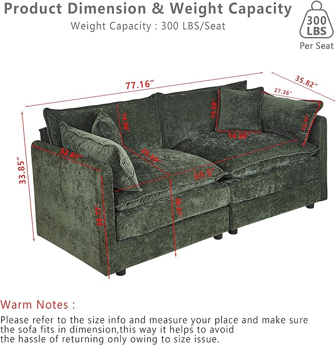 Setawix Chenille Loveseat Sofa Couch with Deep SeatLarge 2 Seater Cloud Couches for Living Room77.16 Roomy Cloud SofasModular Sectional 2 Seat Sofa with Pillows for Bedroom. (Green 2 Seater)