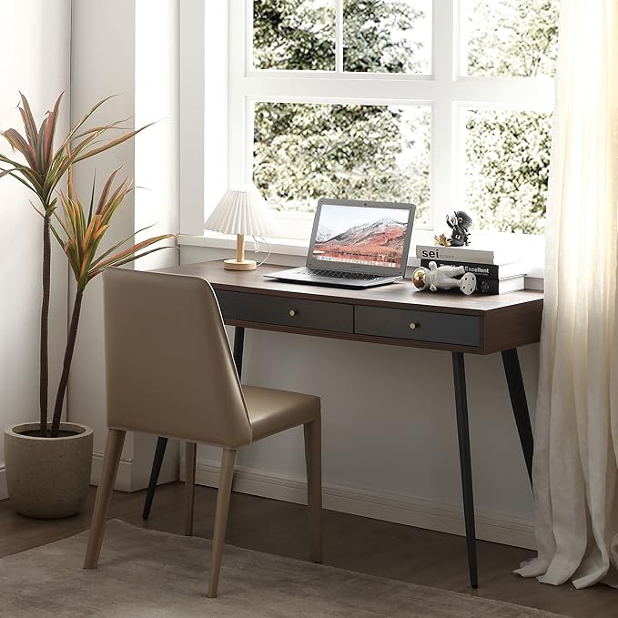 JUSTONE 47 Computer Desk with 3 Storage Drawers - Multi-Functional Home Office Desk &amp Makeup Vanity - Modern Writing Desk with Built-in Organization - Walnut &amp Dark Grey Two-Tone Workstation