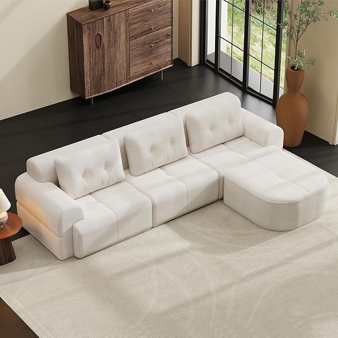 Boneless L-Shaped Modular Couch - 110 Inch Cloud Chenille Compression Sectional SofaNo Assembly Required Ideal for Apartments &amp Living RoomsBeige White