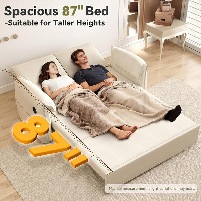3-in-1 Sleeper Sofa Bed(87 Length)62.9 W Couch with Pull Out Bed with 6-Position Adjustable BackrestHidden Storage &amp USB for Living RoomBeige
