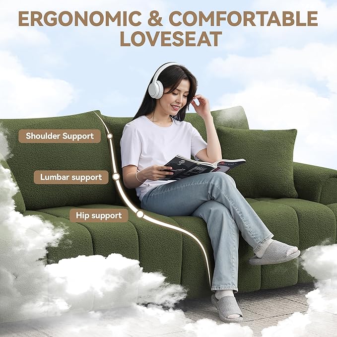 88 Modern Boucle Sofa Couch Oversized Comfy 3 Seater Sherpa Curved Sofas Deep Seat Upholstered Loveseat Teddy Round Arm Couches for Living Room Bedroom Green