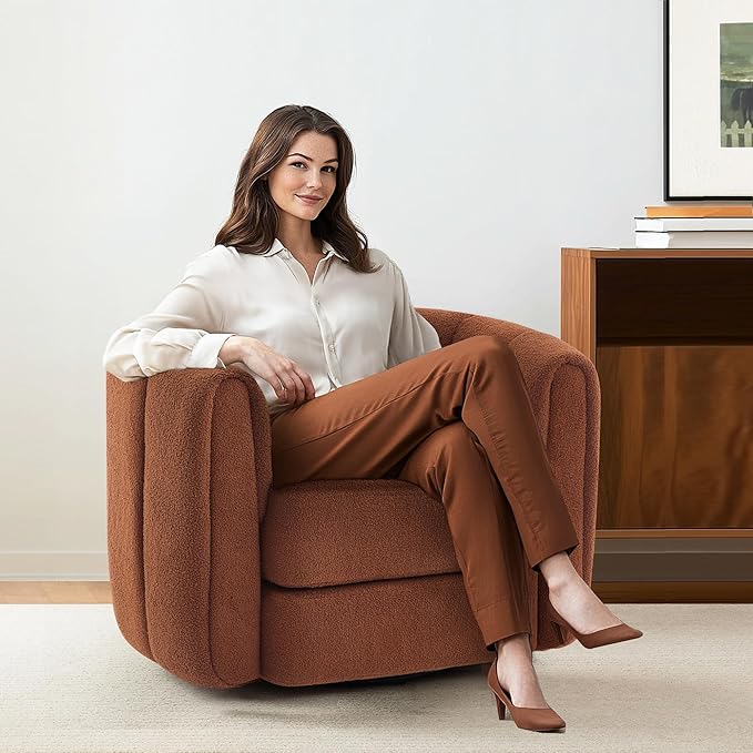 KEIKI Swivel Accent Chair Comfy Upholstered Barrel Armchair for Living Room Brown