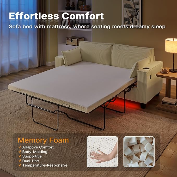 Brelice Pull Out Sofa Bed Queen Size Convertible Loveseat Sleeper Sofa Corduroy Memory Foam Couch Bed for Living Room Guest Room Apartment Home Office
