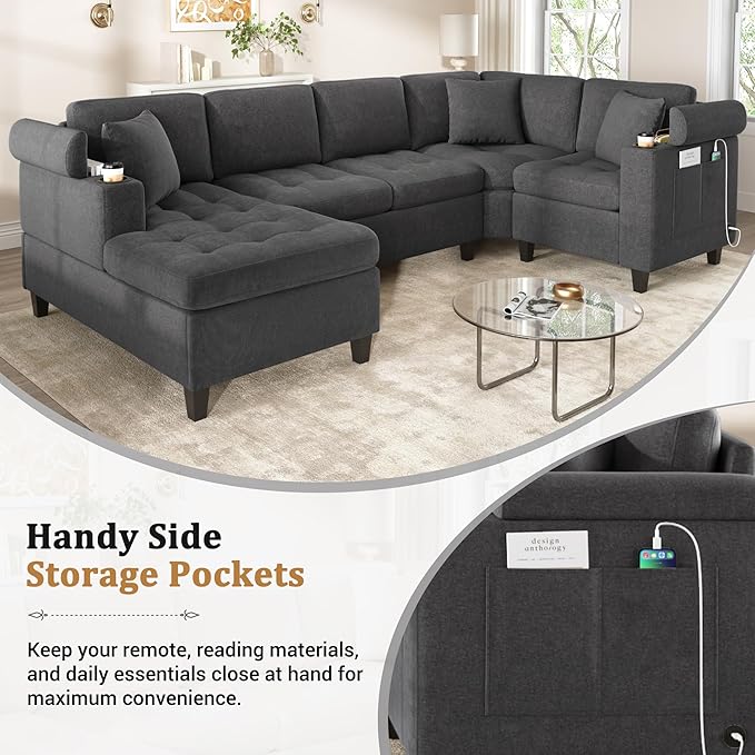 Merax 115.7 U-Shaped Chenille Sectional Sofa 4 Seat Corner Couch Oversized with Built-in Cup Holders 3 Pillows Storage Space for Living Room Grey