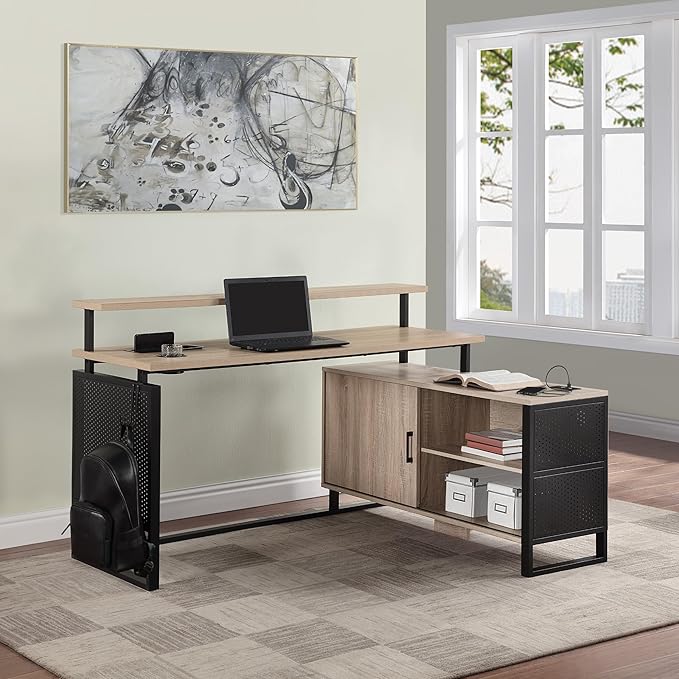 OSP Home Furnishings Ace Contemporary Modern Home Office Desk with Shelf L-Shape with River Oak Finish